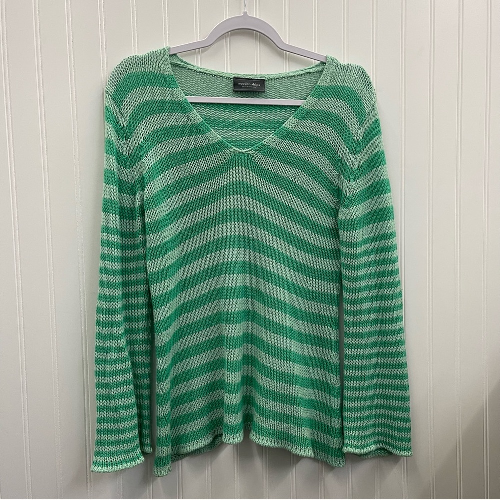 Wooden Ships Green Stripe Cotton Blend Knit V-Neck Sweater Sz S/M